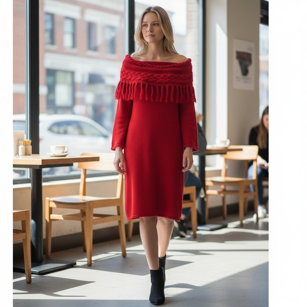 Liz Claiborne Red Off Shoulder Cable Knit Fringe Sweater Dress Womens Small